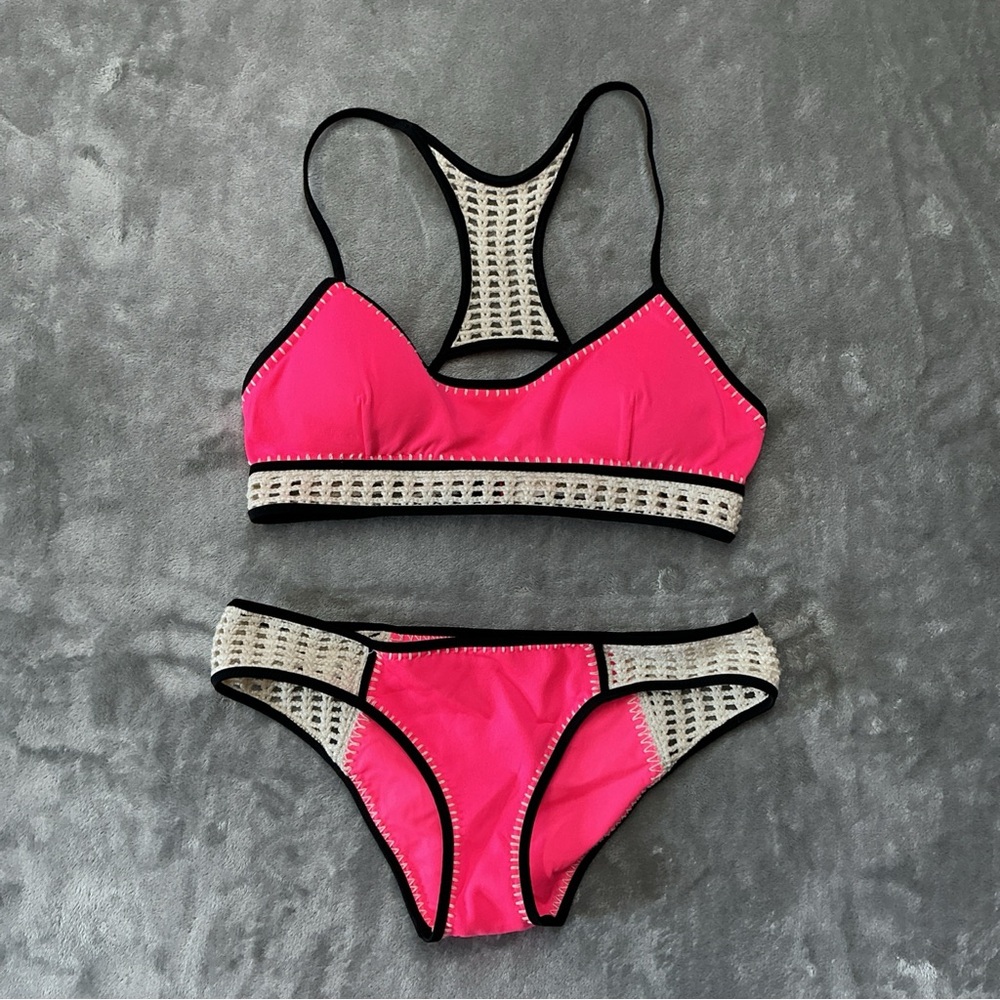 Victoria's Secret Hot Pink and Cream Crochet Trim Bikini Set